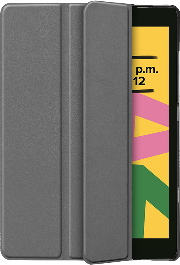 A grey tablet case open to reveal a yellow screen with black text and a black border.