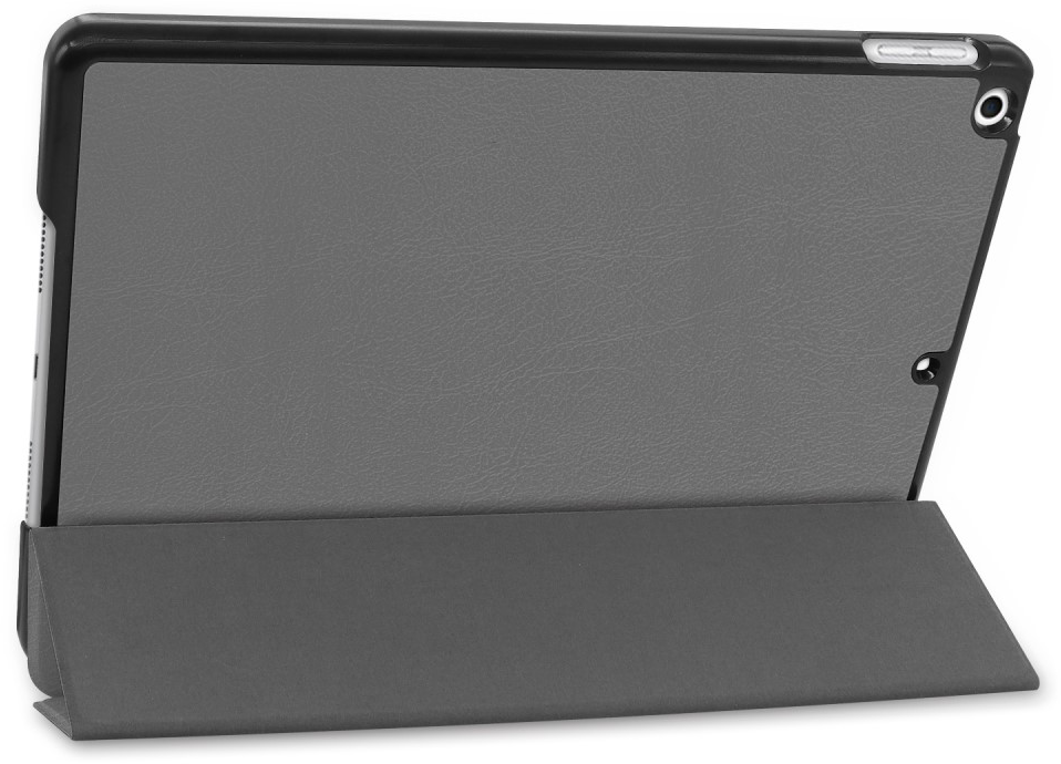 A gray tablet case is open, showing the back of the tablet. The case is on a white surface. The case appears to be leather.