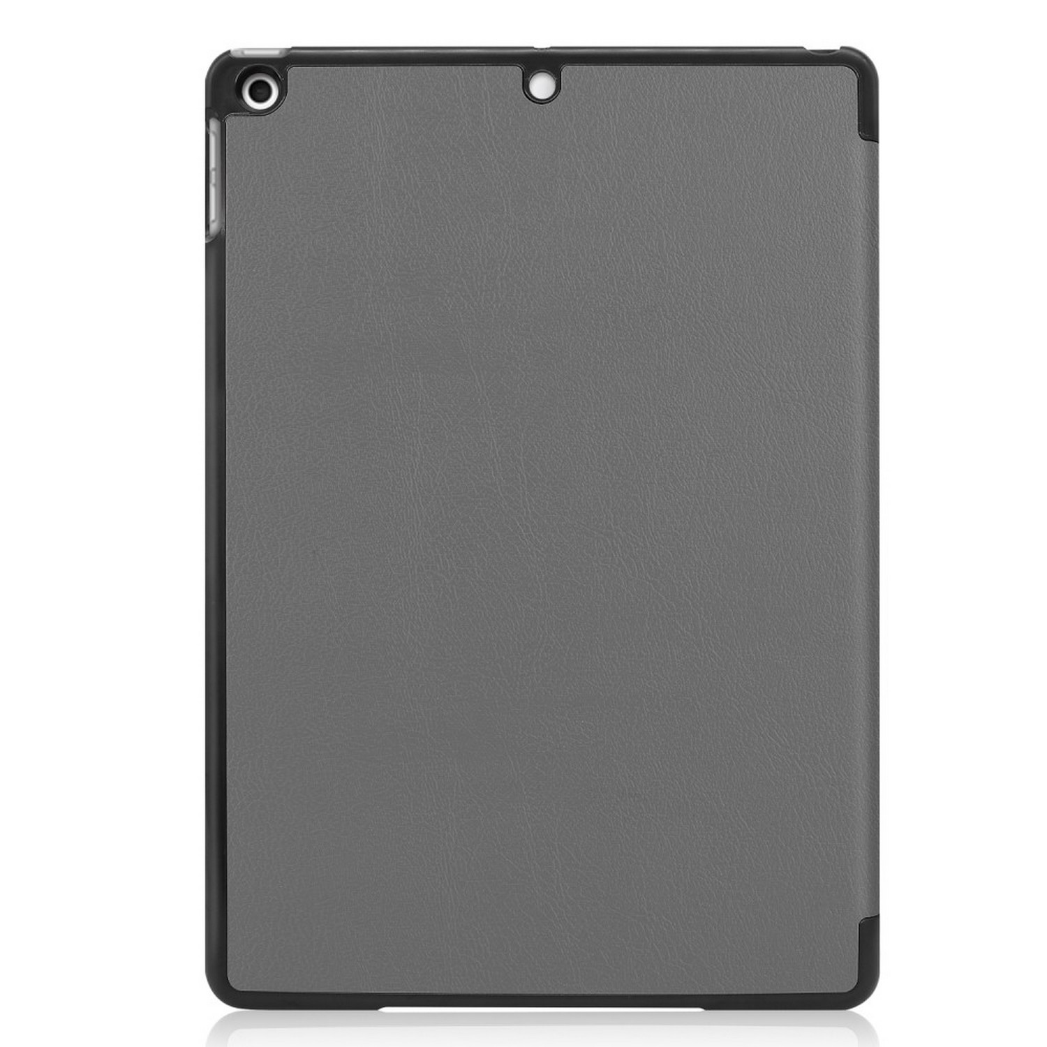 Étui de tablette gris avec une bordure noire, affichant l'arrière de la tablette. Fond blanc.