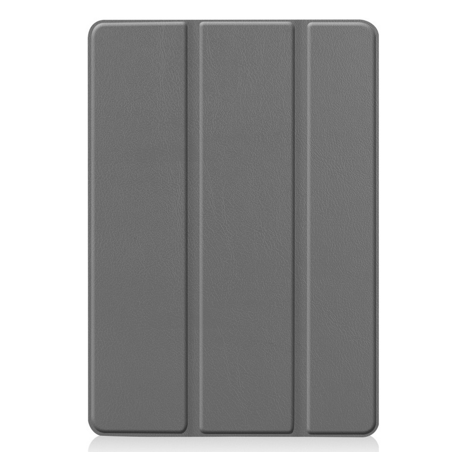 Un étui gris pour iPad avec une couverture pliée. La surface est texturée et en cuir.