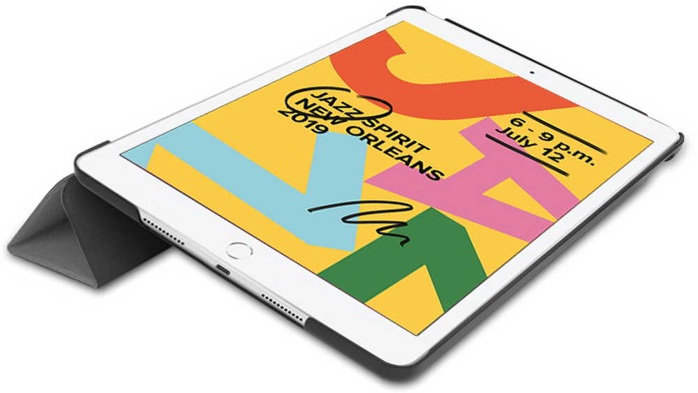 An angled iPad with a case, displaying a yellow poster with text about Jazz Spirit New Orleans.