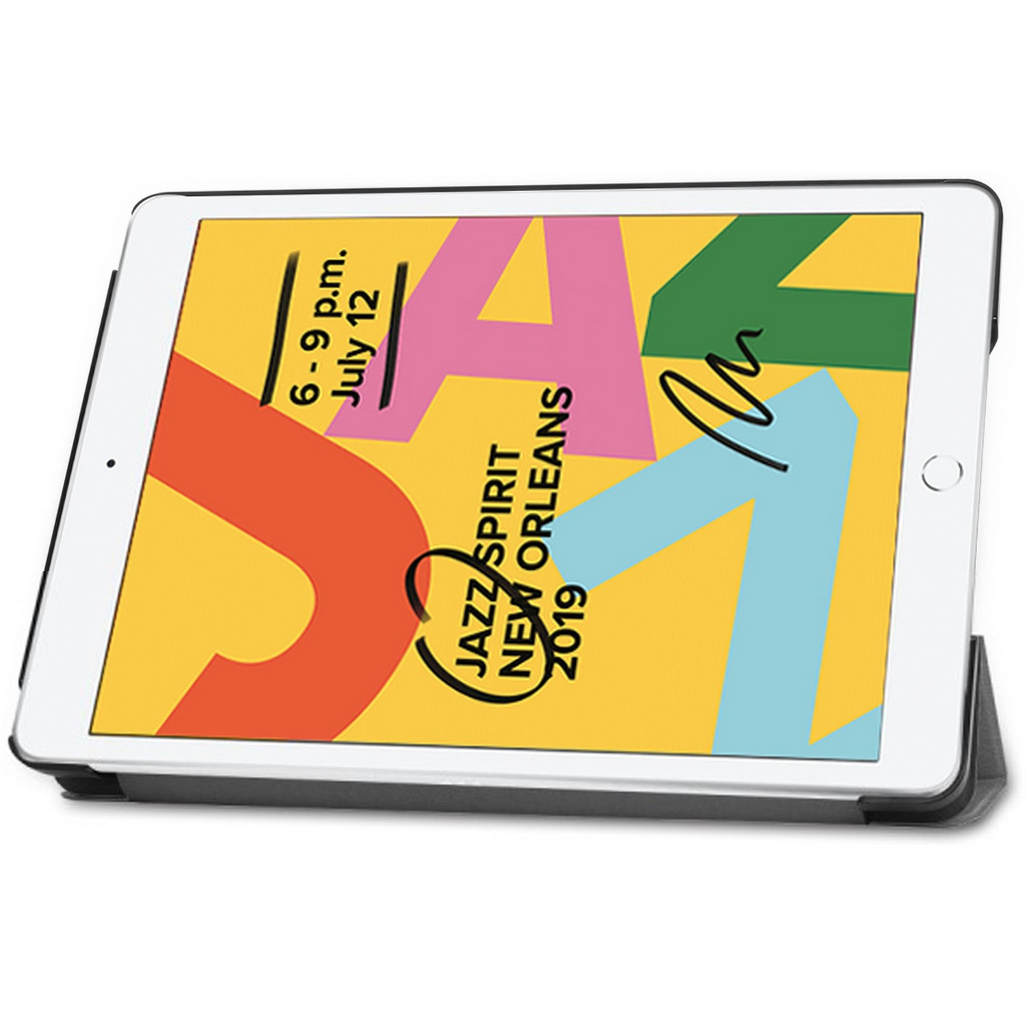 iPad avec une affiche du Festival de Jazz sur fond jaune. Étui gris, fond blanc.