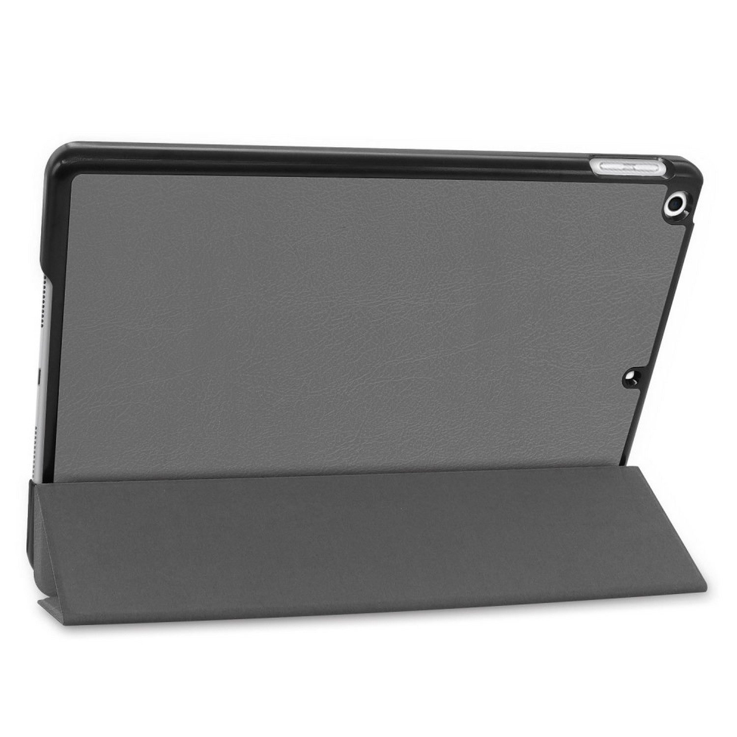 Une tablette grise dans un étui noir avec un rabat.