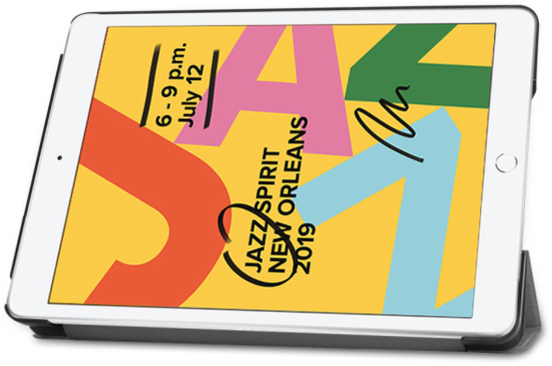 A tablet displaying colorful text and graphics, set on a gray case.