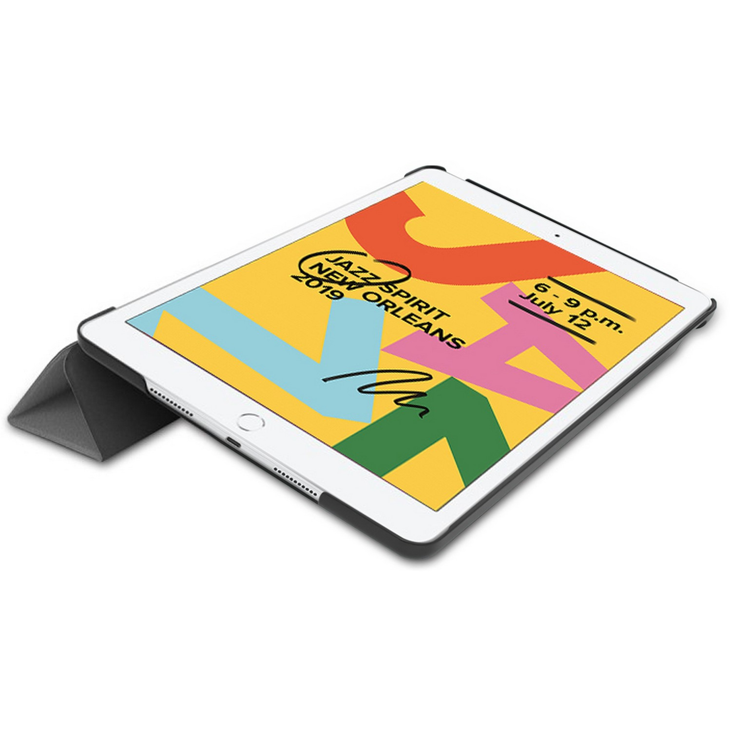 iPad avec couverture, montrant l'affiche Jazz Spirit New Orleans 2019. Fond blanc.
