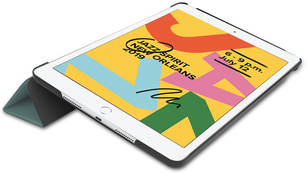Tablet with a case, screen displaying a poster.