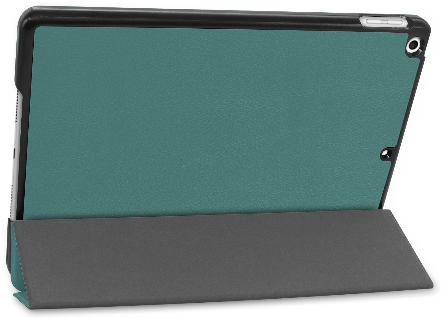 Teal colored tablet case. The case is open, showing the back of the tablet. A gray stand supports the tablet.