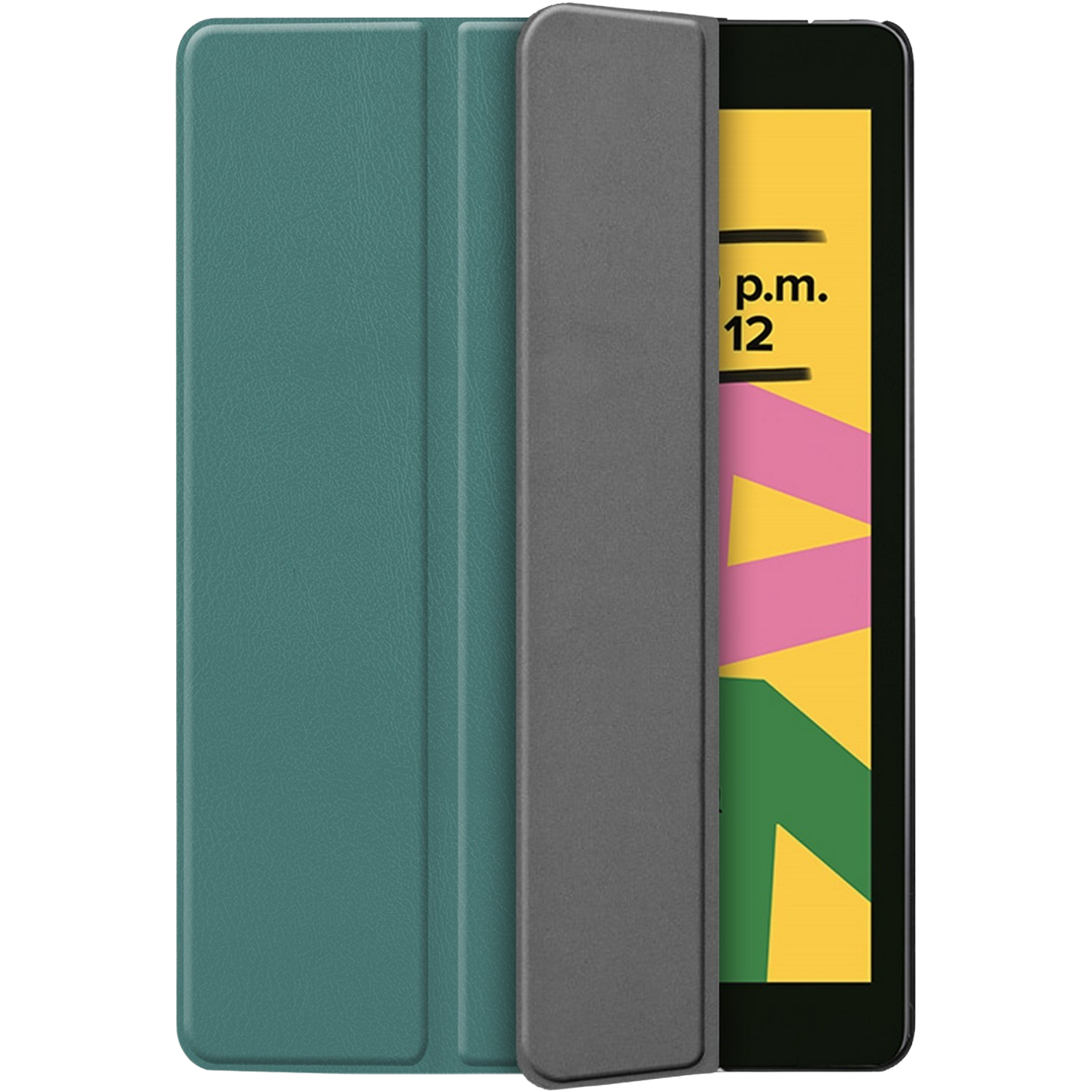 Étui de tablette, extérieur sarcelle, dos gris et écran jaune avec des graphiques roses et verts.