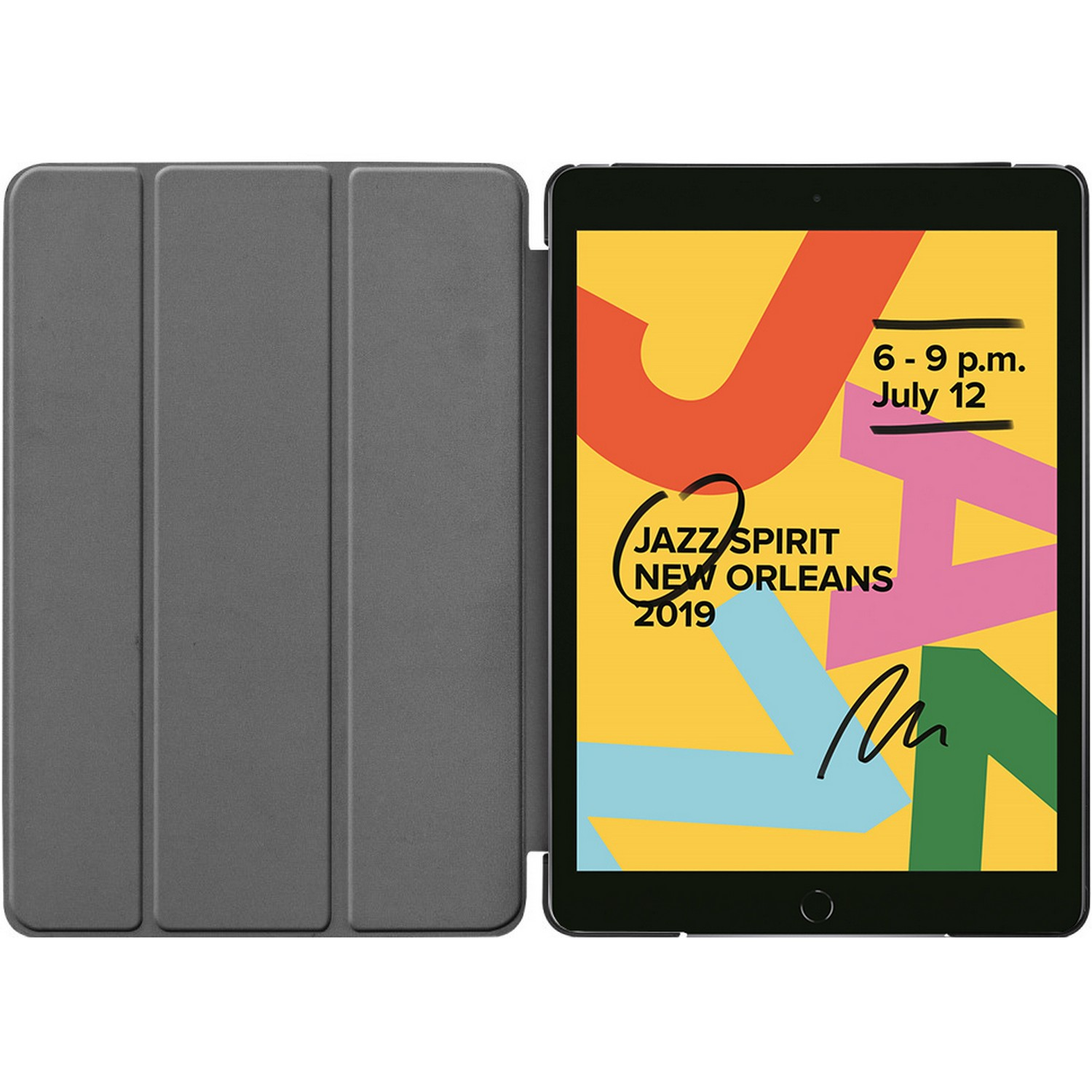 Un iPad ouvert avec une affiche d'événement colorée à l'intérieur d'un étui gris.