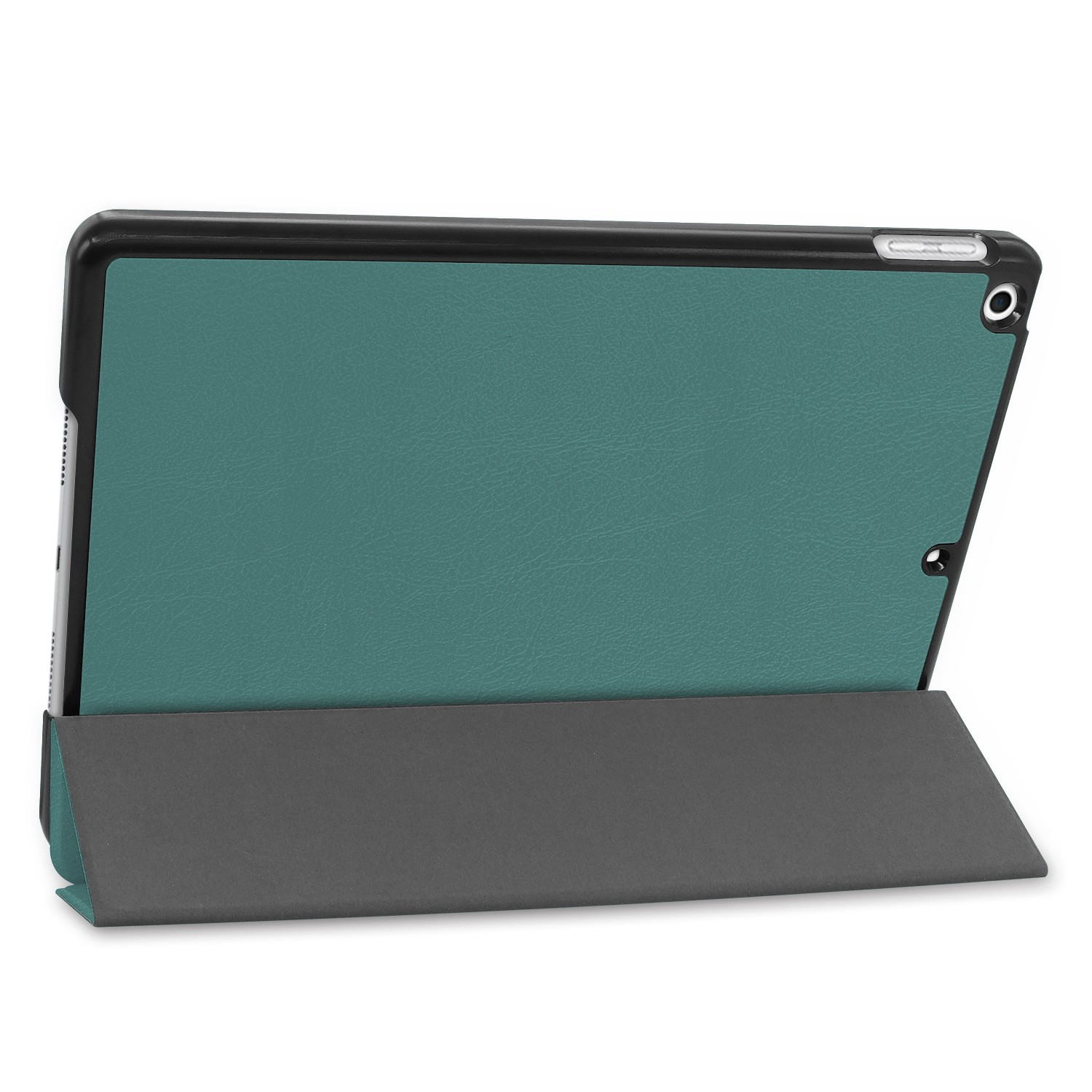 Étui de tablette sarcelle, dos ouvert, couverture gris foncé. Fond blanc.