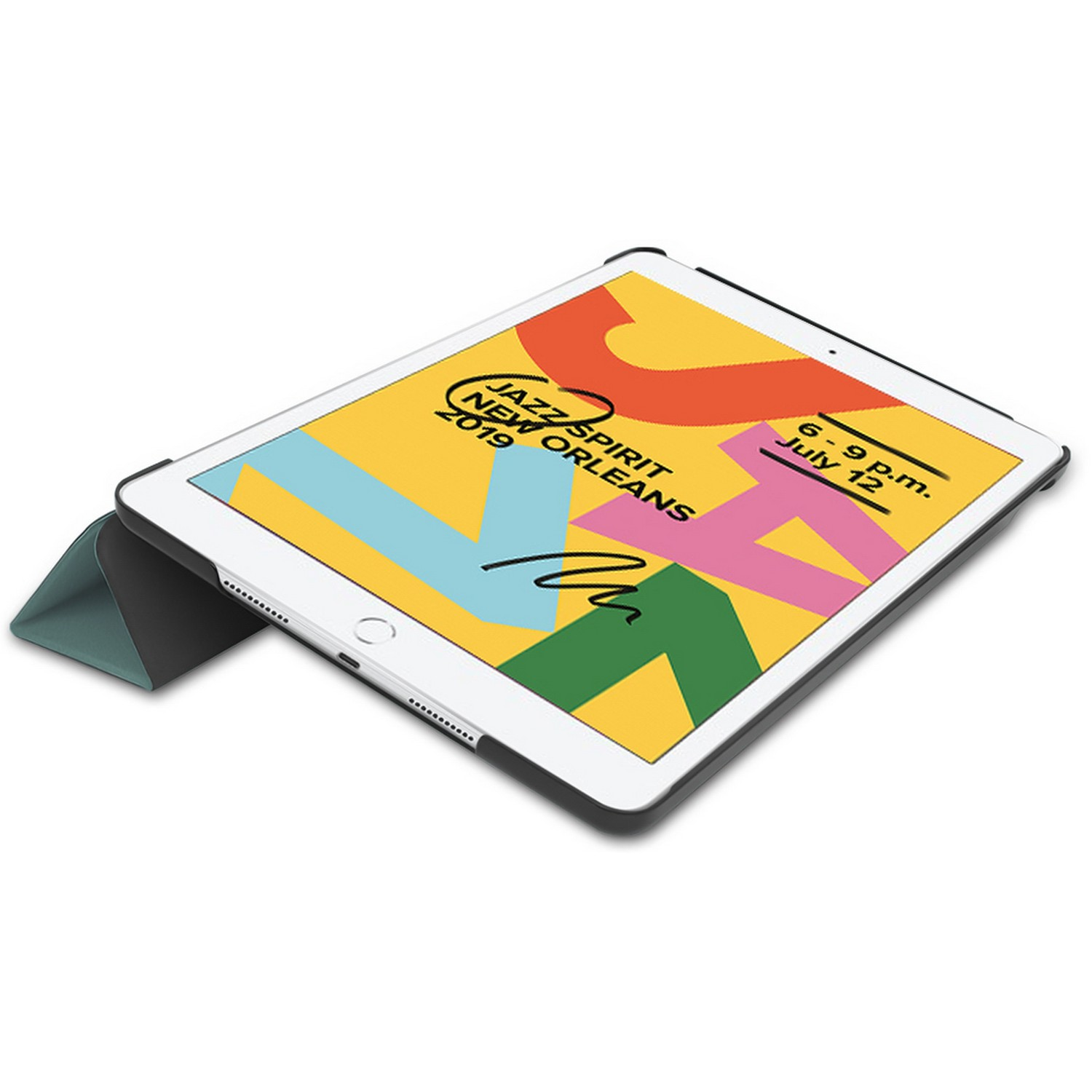 Un iPad dans un étui, surélevé, montrant une publicité pour un festival de jazz.