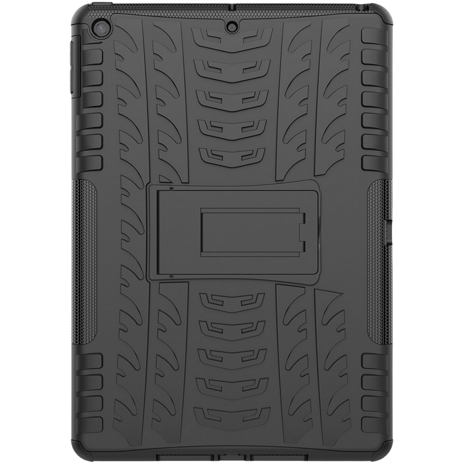 Étui de tablette noir avec support, design texturé et trou pour la caméra.