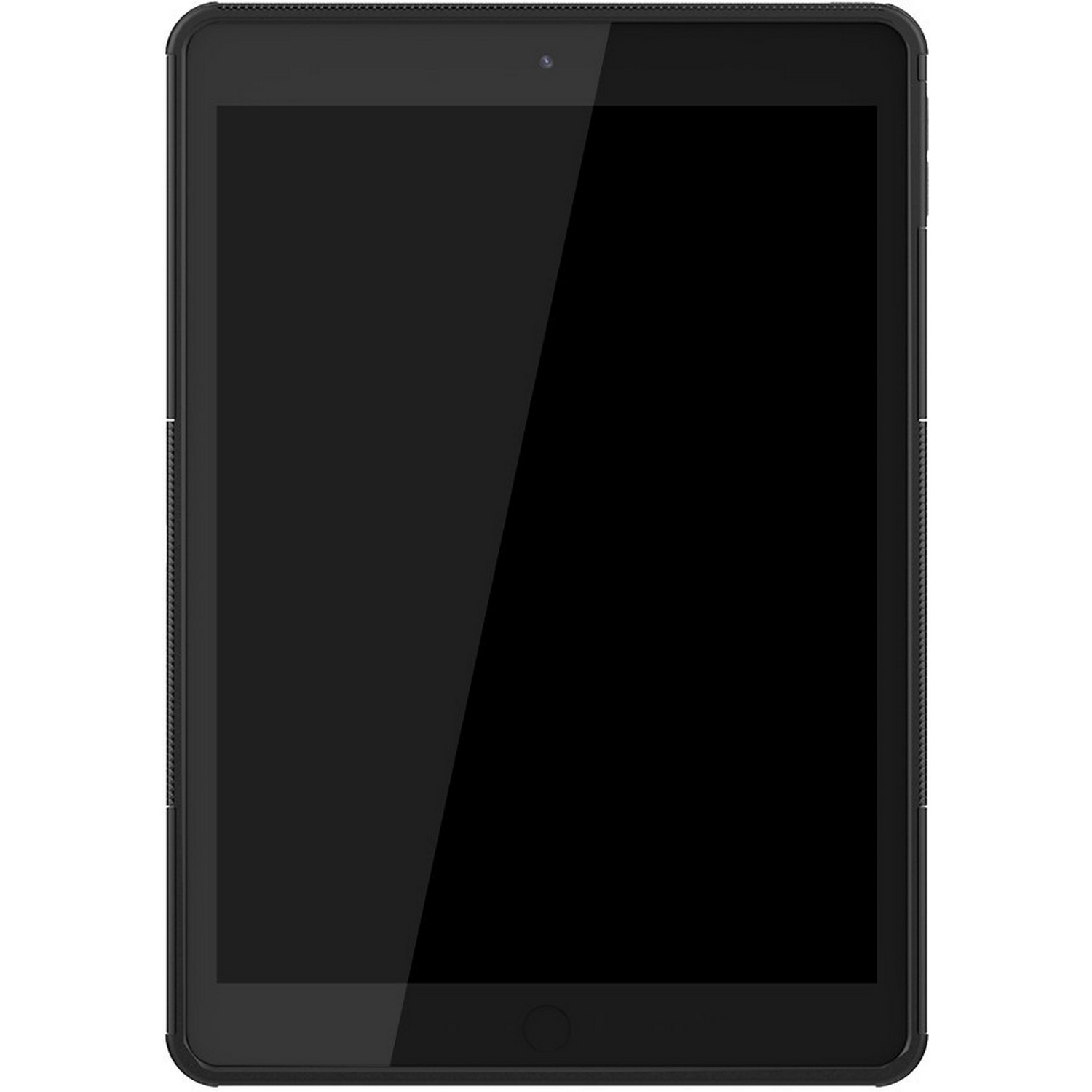 Tablette noire avec cadre noir. L'écran est noir. La caméra est en haut.