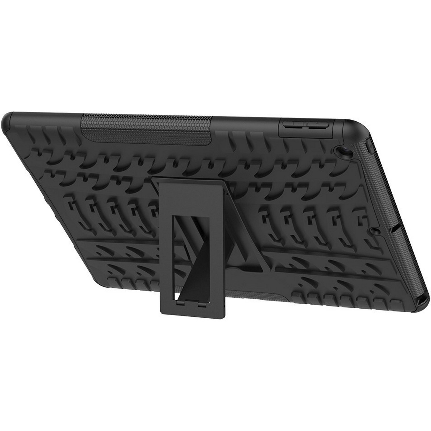 Étui de tablette noir avec motif texturé et support.