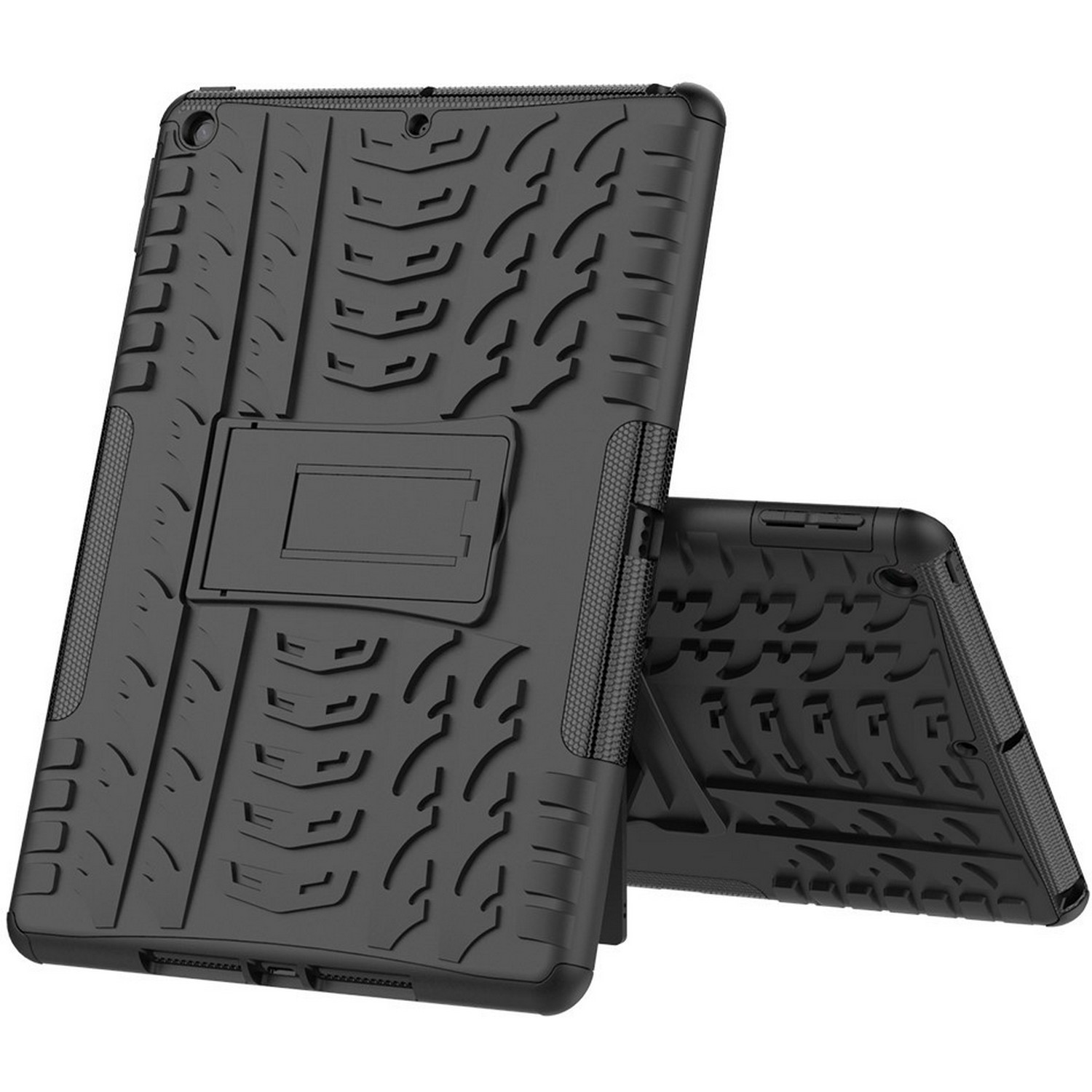 Étui de tablette noir avec support. L'étui a un motif de bande de roulement.