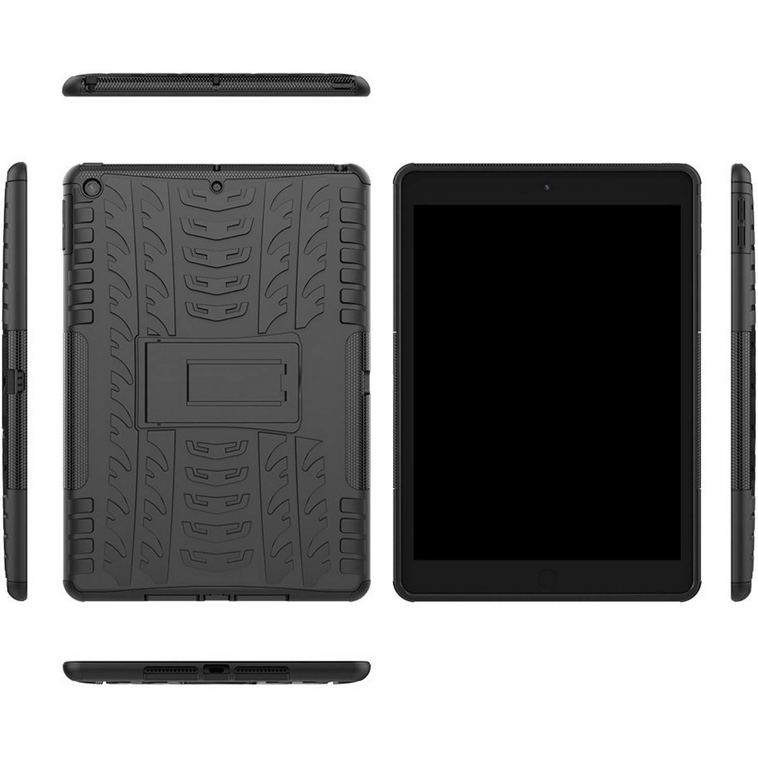 Étui de tablette noir avec support, montrant une vue arrière, latérale et avant.
