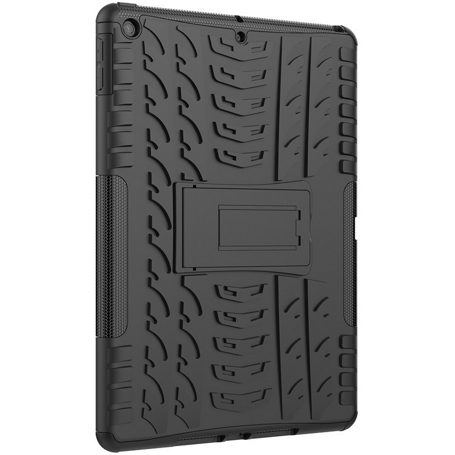 Étui de tablette noir avec motif de bande de roulement et support.
