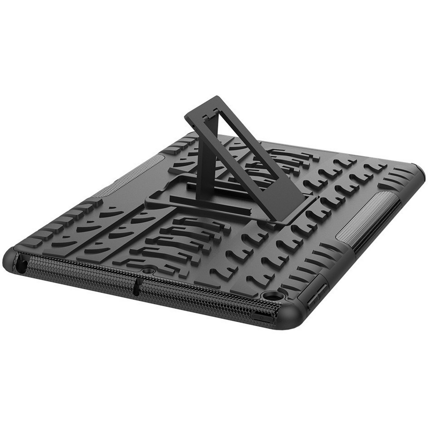 Une coque de tablette noire avec un support. La coque a une surface texturée et des découpes pour les ports.