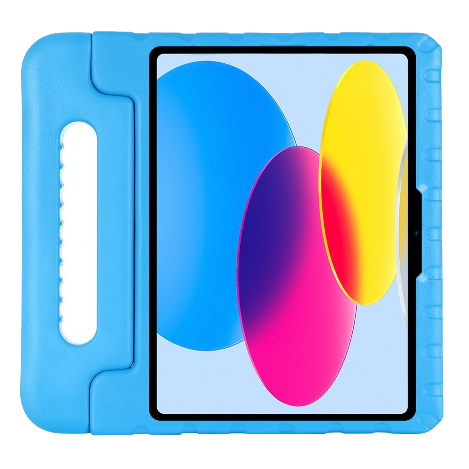 Étui iPad bleu avec écran coloré. L'iPad a un étui bleu avec une poignée.