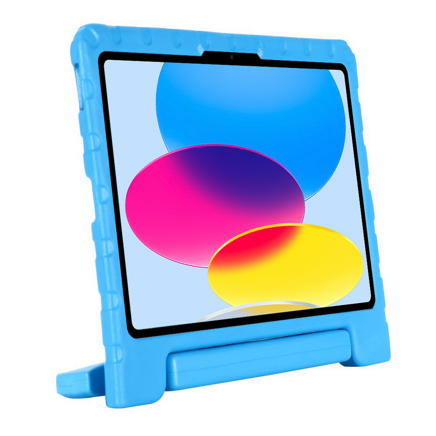 Étui de tablette bleu avec une tablette montrant des formes colorées.