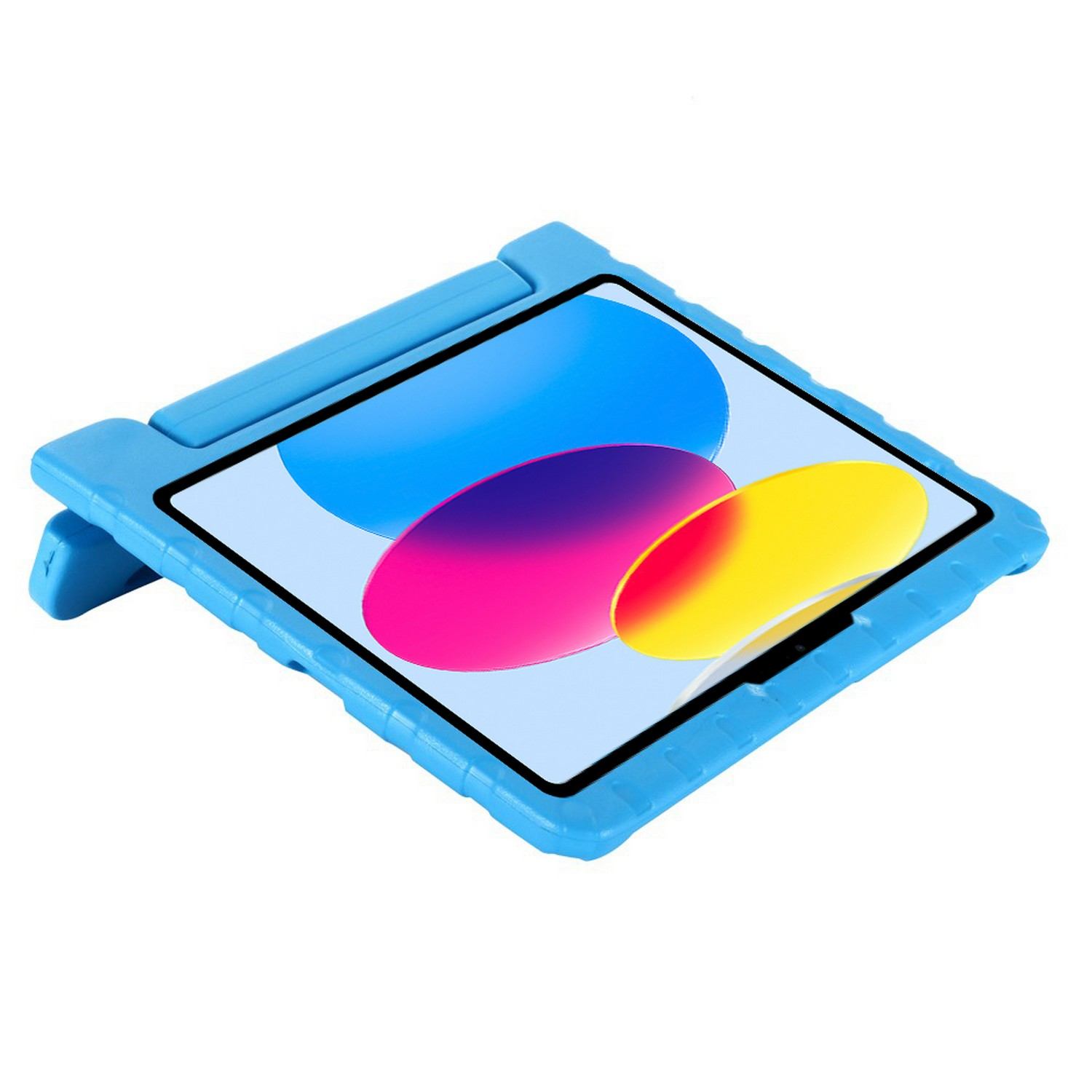 Étui de tablette bleu avec une tablette affichant des formes colorées.