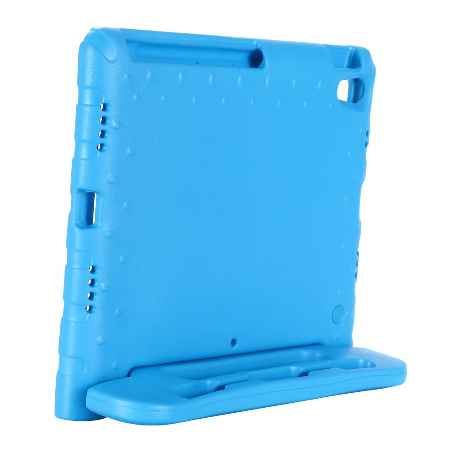 Étui de protection bleu pour tablette, incliné.