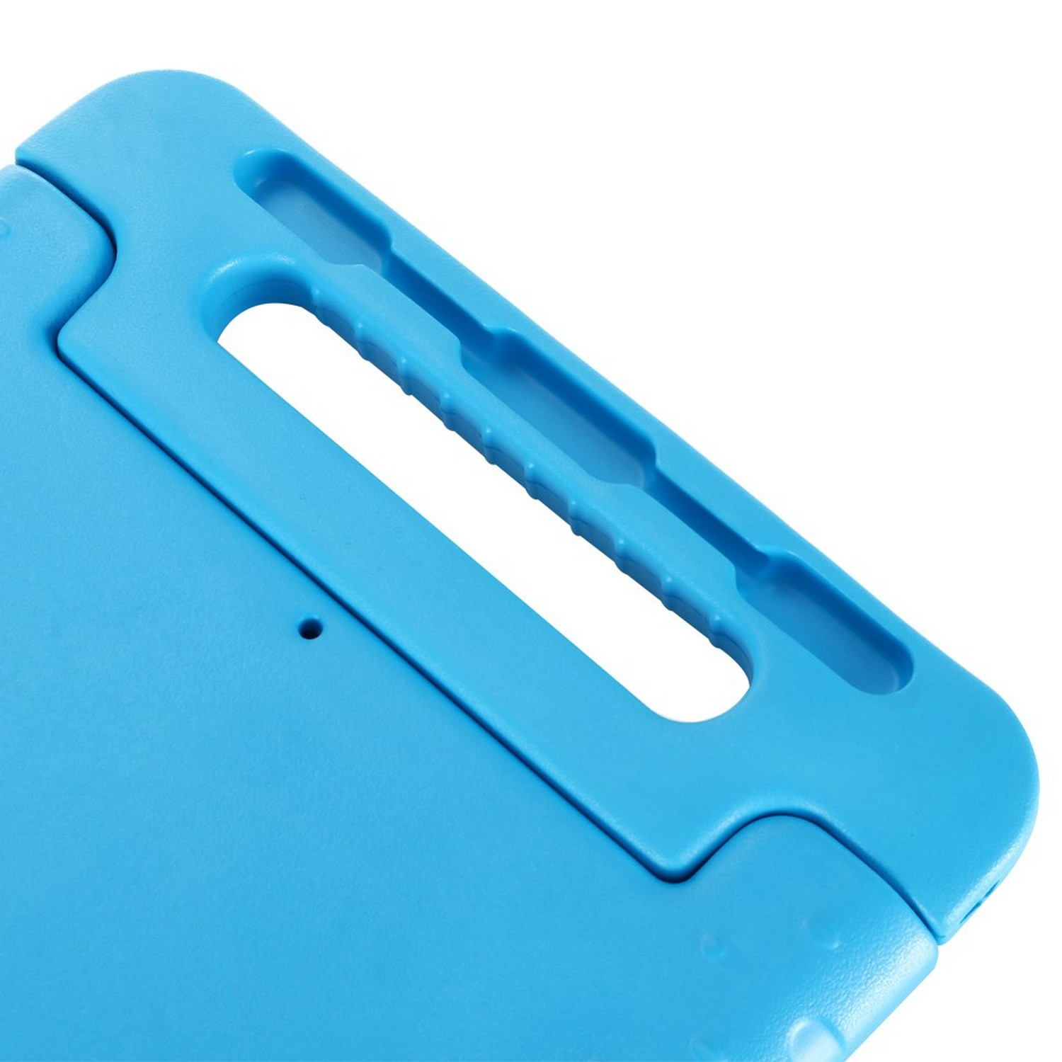 Coin de tablette bleu. Comprend une poignée et un trou, sur fond blanc.