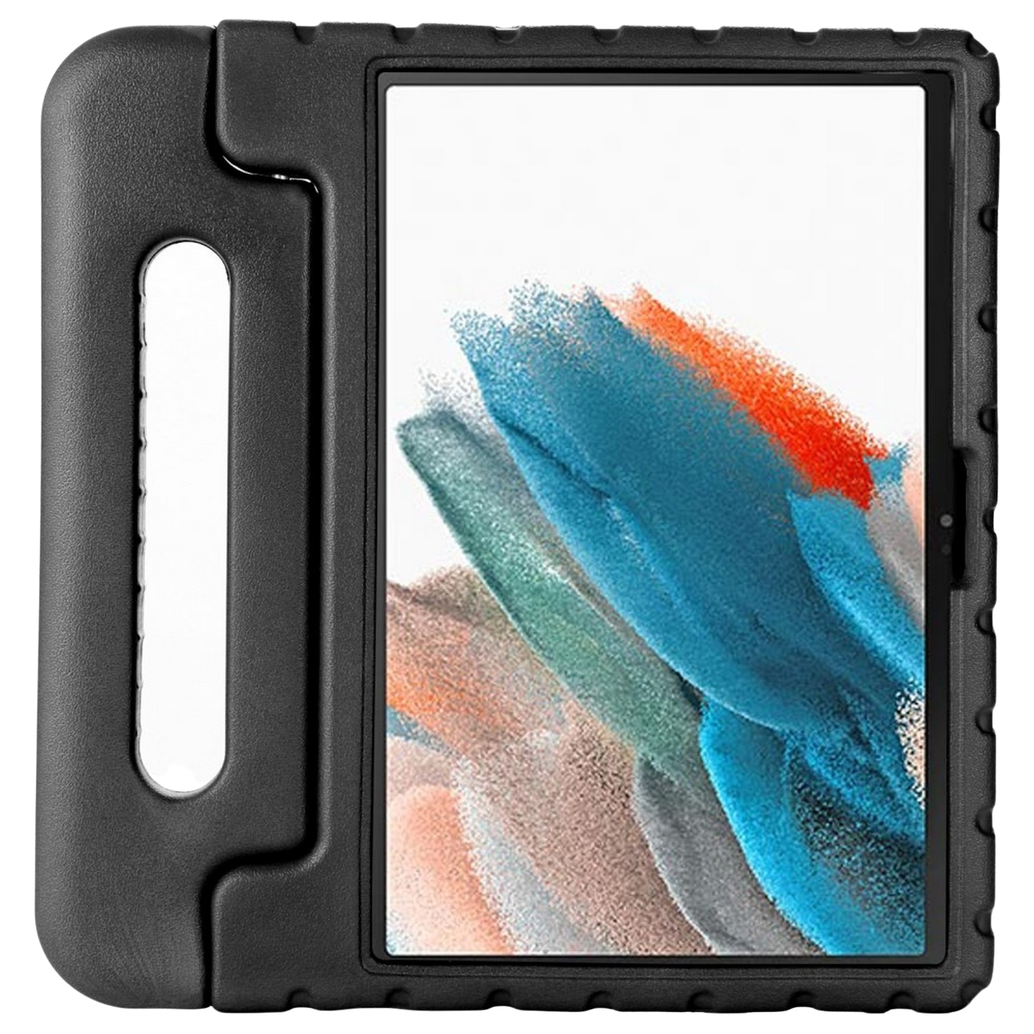 Une tablette noire dans un étui de protection noir. L'écran affiche des images abstraites colorées.