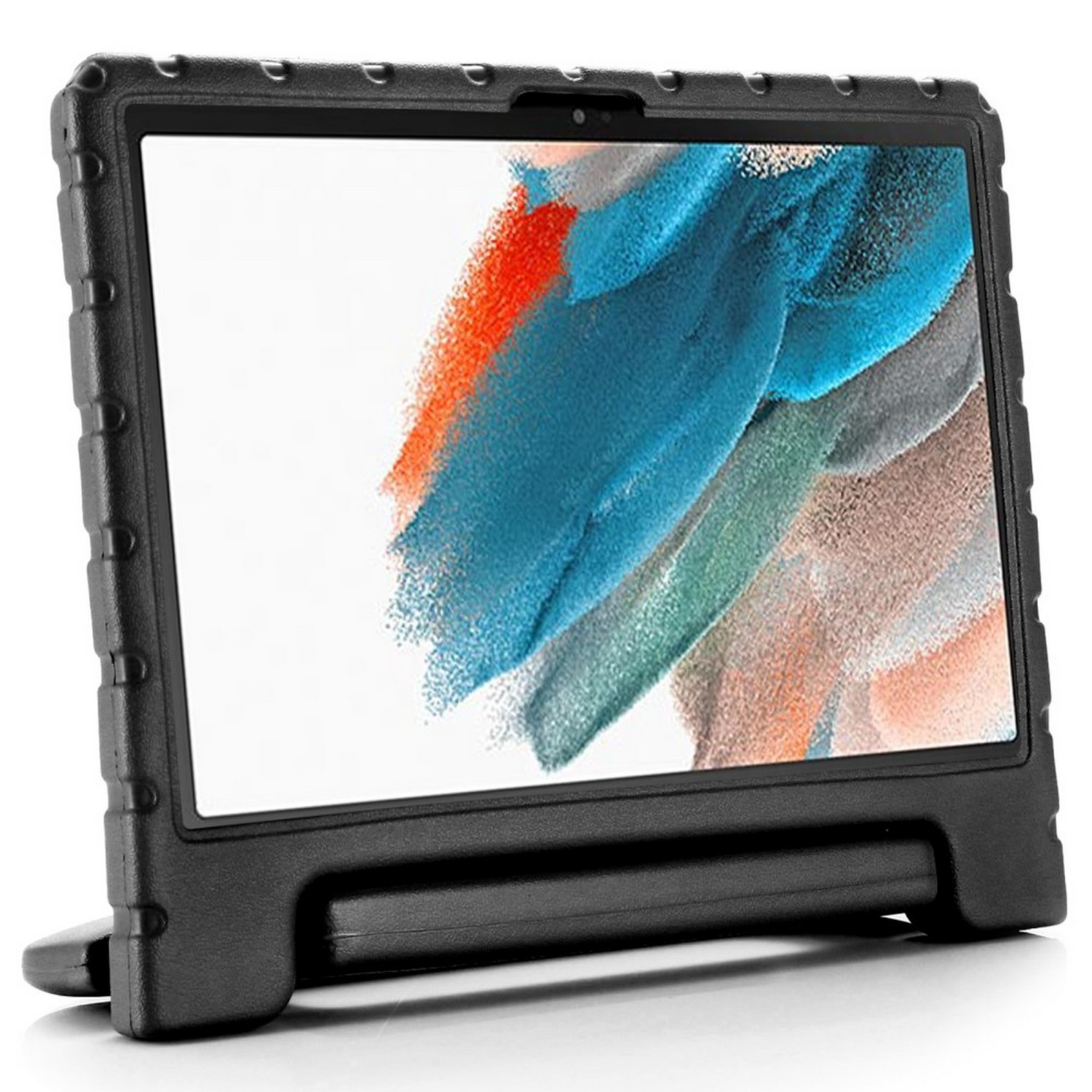 Tablette noire dans un étui protecteur, avec un écran lumineux et coloré, et un support arrière.