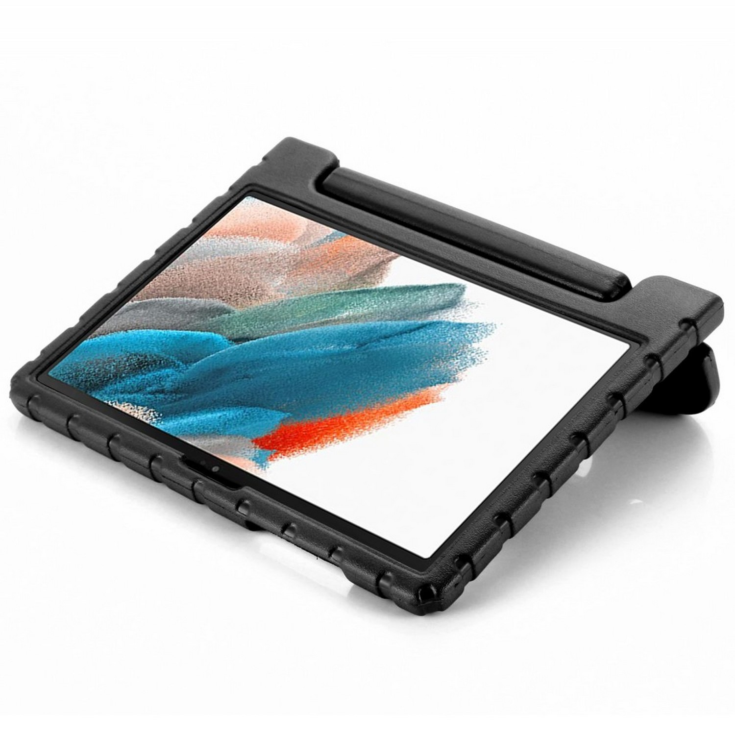 Tablette dans un étui robuste noir, avec béquille. L'écran affiche des formes colorées.