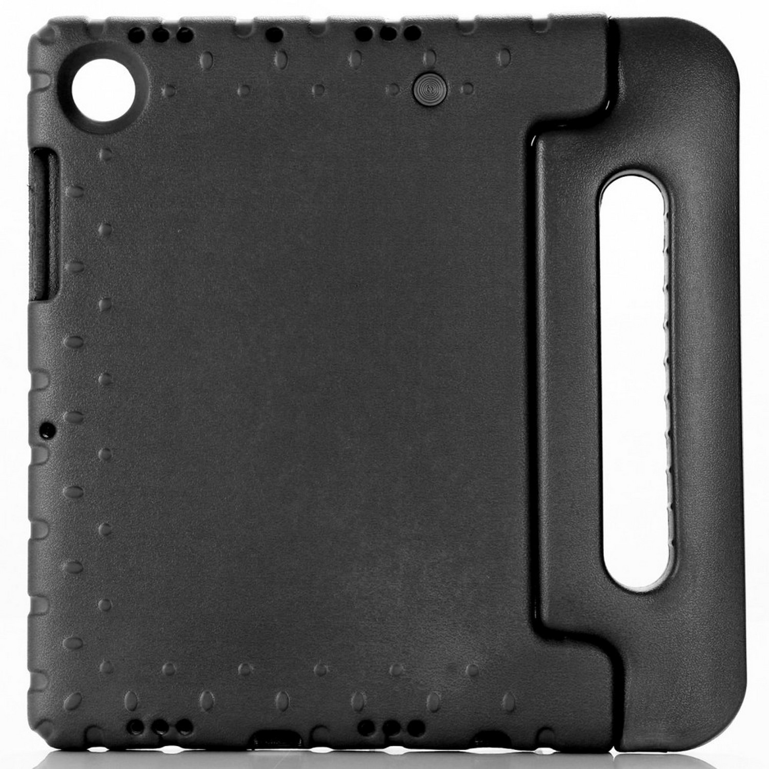 Étui noir pour iPad avec poignée, texturé. Possède un trou circulaire pour la caméra et des découpes pour les boutons.