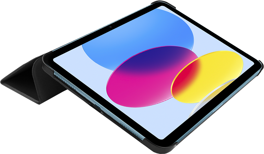 Een open tablet op zijn kant, in een gesloten grijze hoes. Het scherm toont een blauw en geel abstract ontwerp.