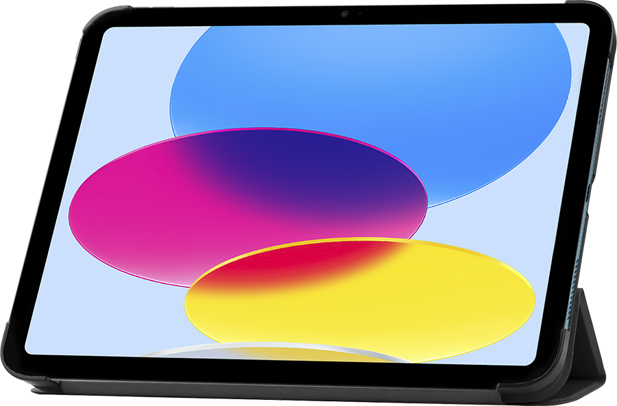 Een iPad in een zwarte hoes met een abstract behang van blauw, roze en geel.