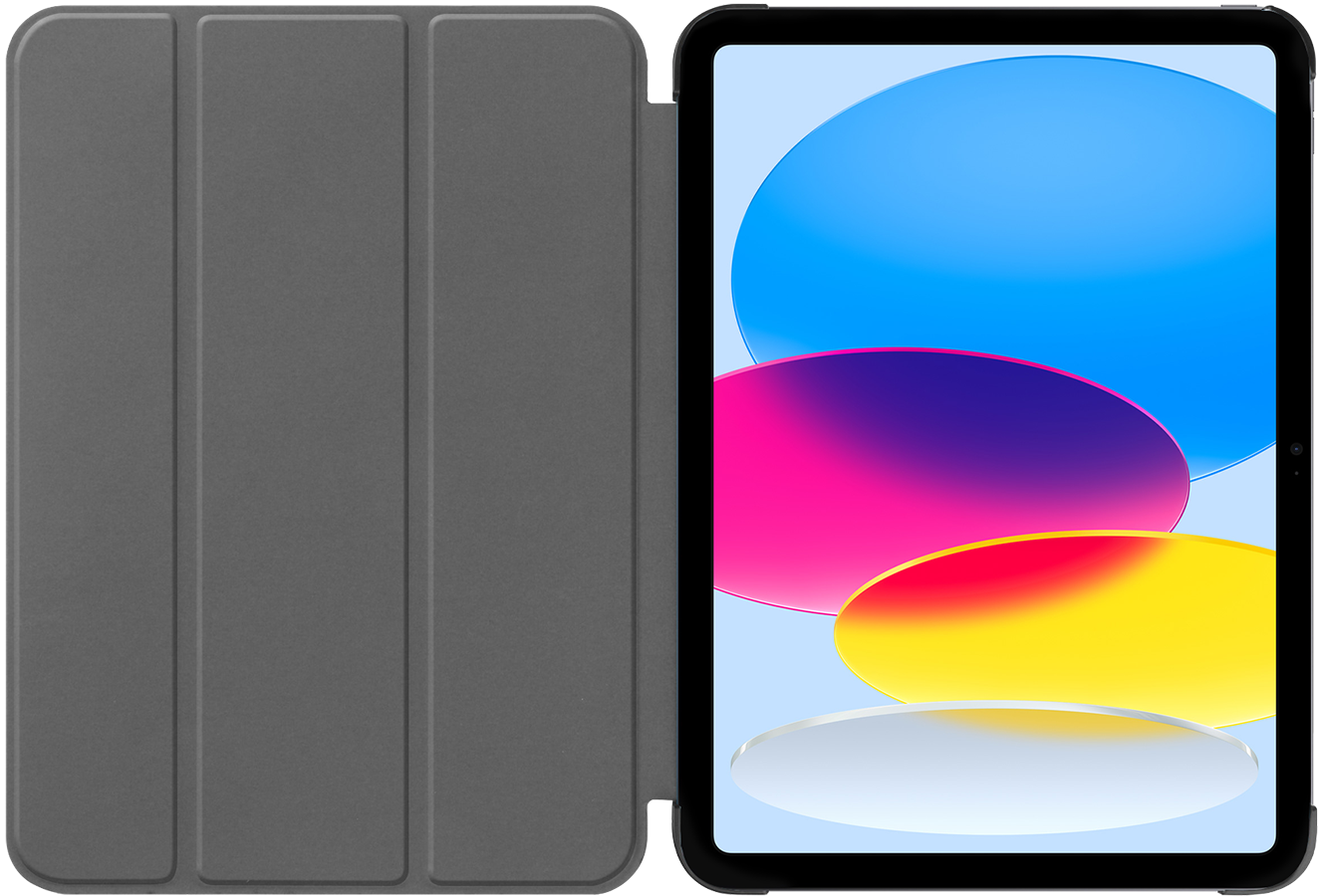 Een iPad in een grijze hoes, met een scherm waarop een kleurrijk abstract beeld te zien is.