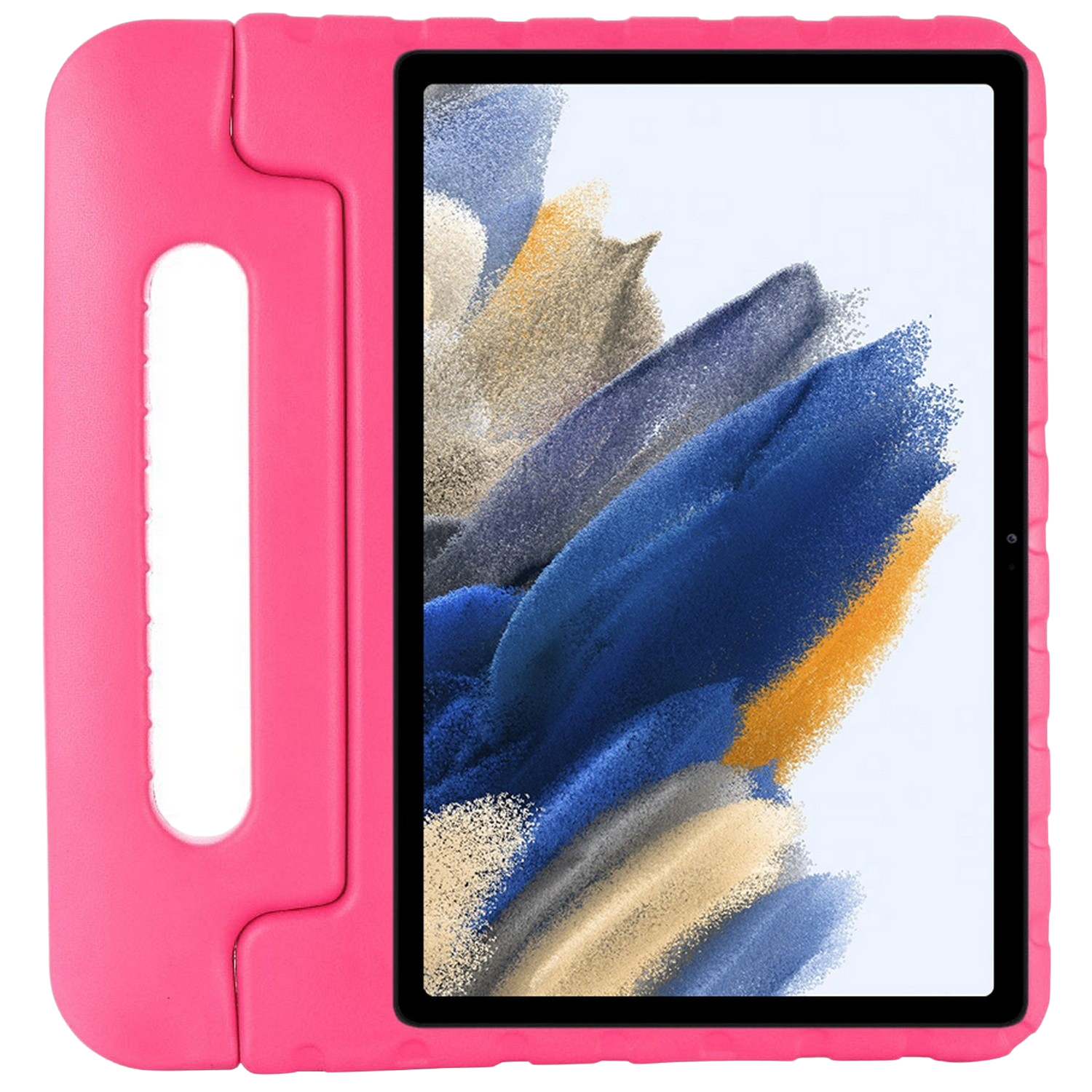 Roze tablet met een roze hoes. Het scherm toont een kleurrijk abstract ontwerp.