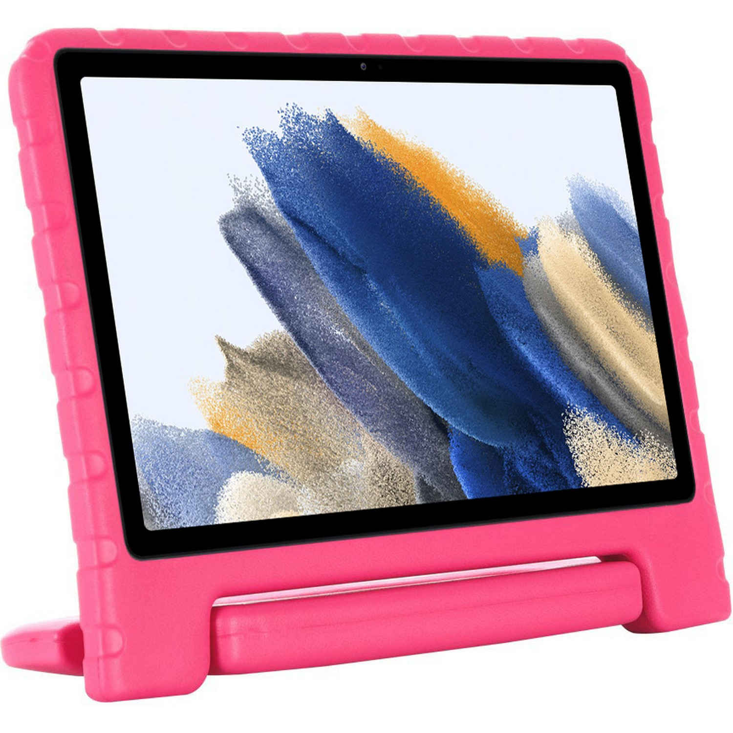 Een roze tablet in een robuuste hoes met een standaard.