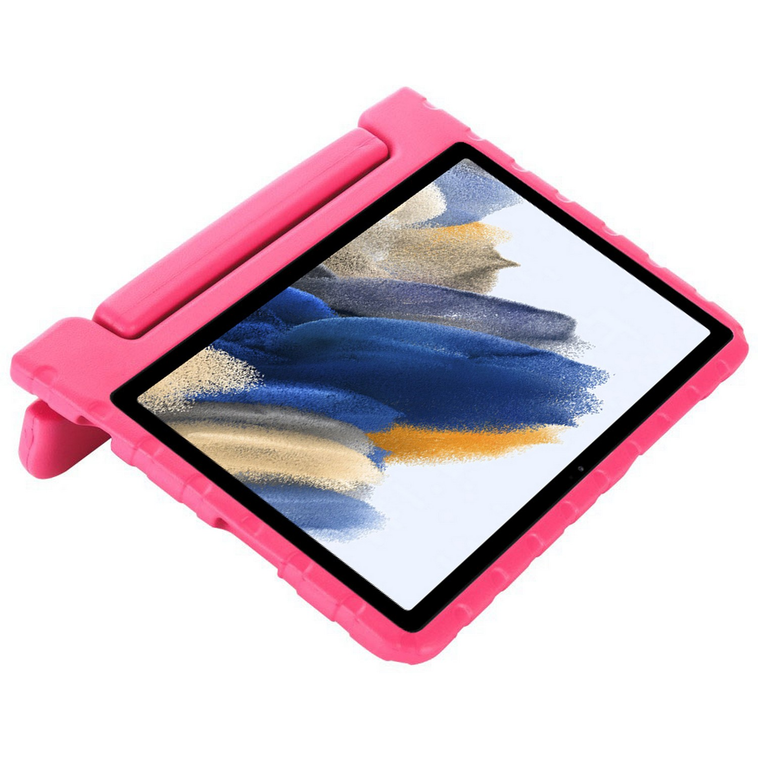 Roze tablet in een roze beschermhoes. Het scherm toont een kleurrijke abstracte afbeelding.