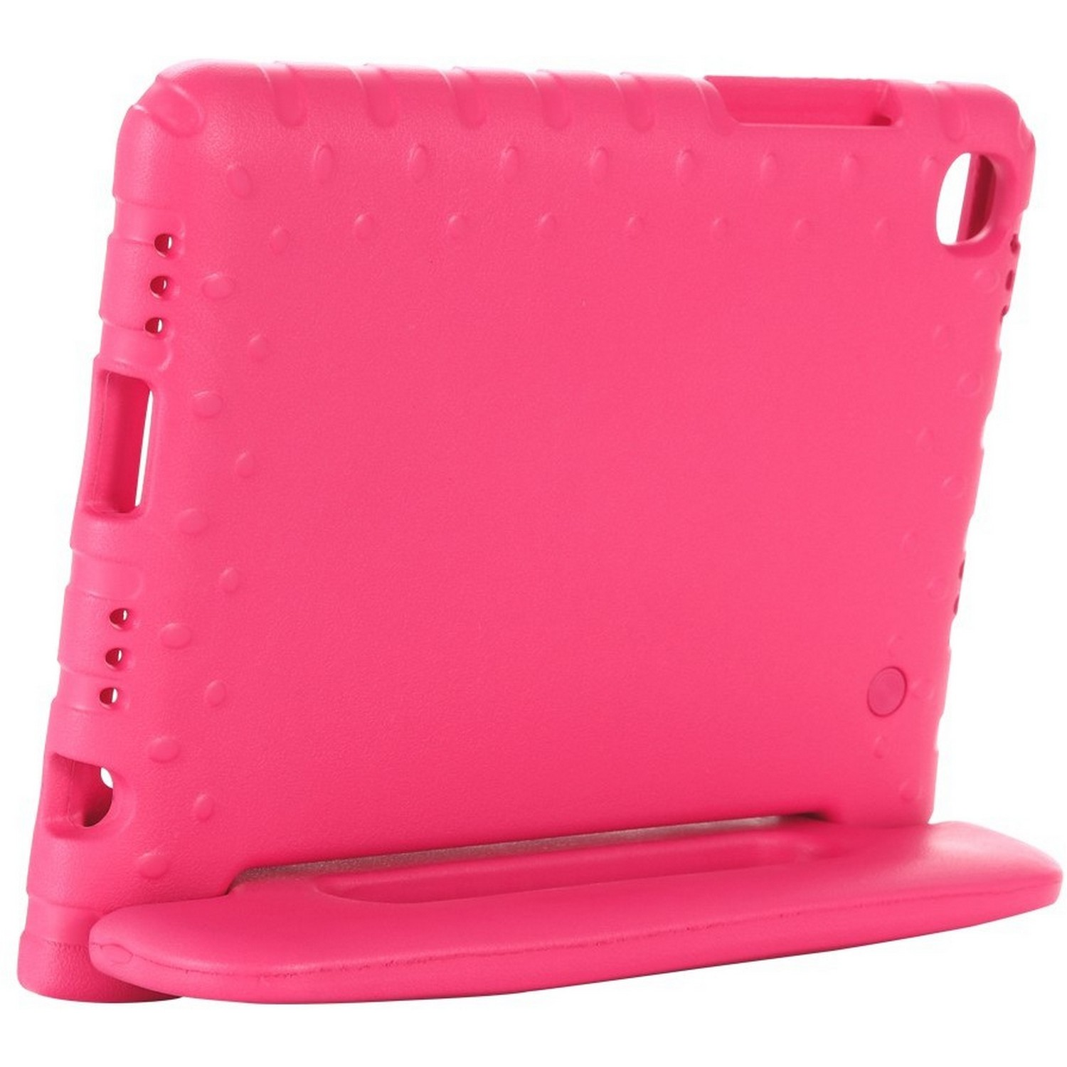Roze tablethoes met een standaard en uitsparingen voor poorten en knoppen, zijaanzicht.