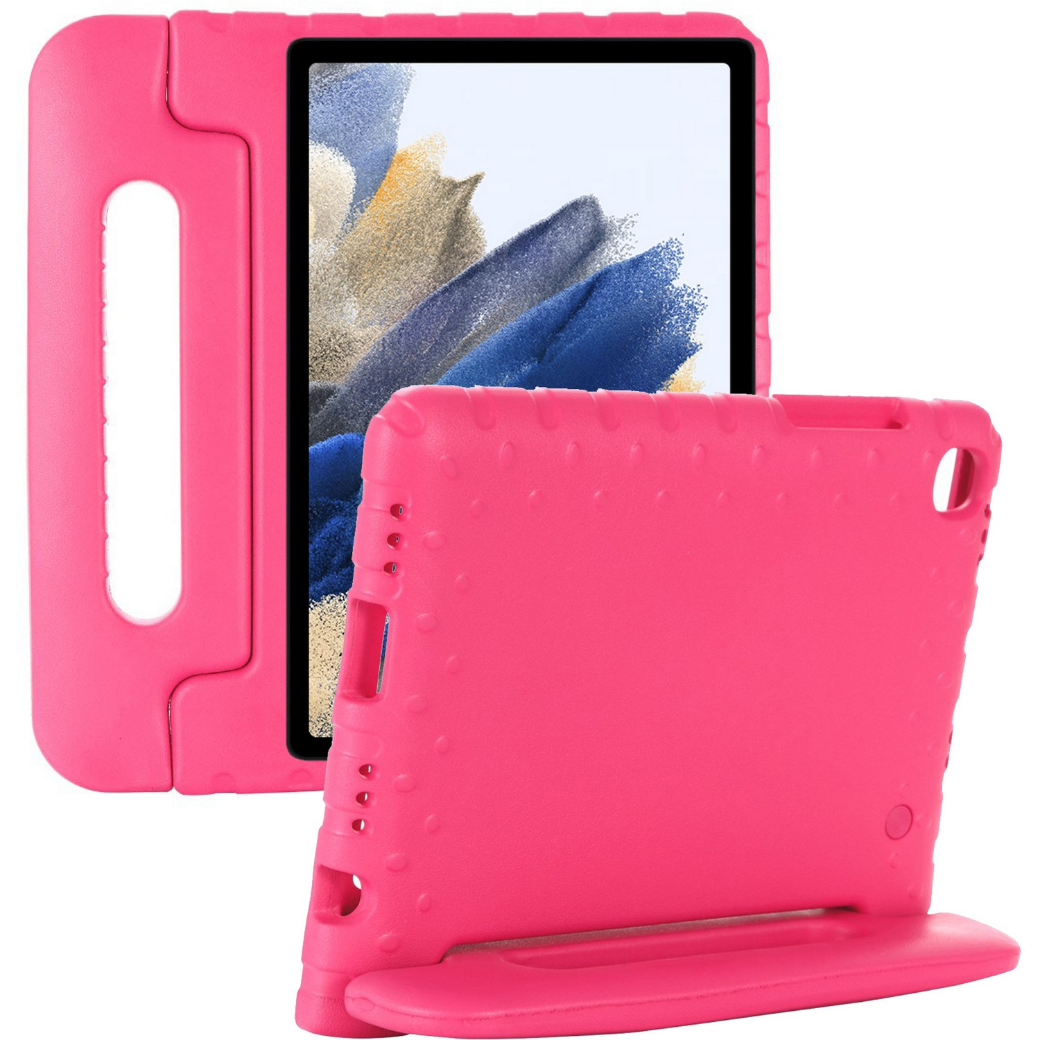 Roze tablethoes met een tablet die abstracte kunst toont.