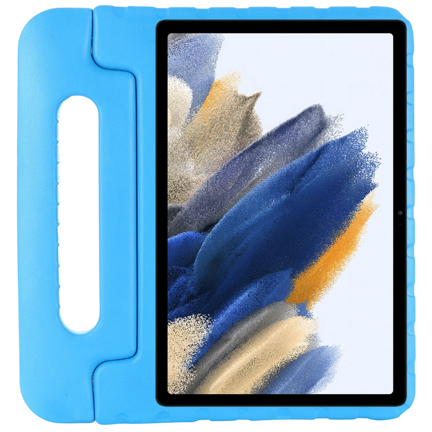 Étui de tablette bleu avec une tablette à l'intérieur. L'écran affiche un design abstrait coloré.