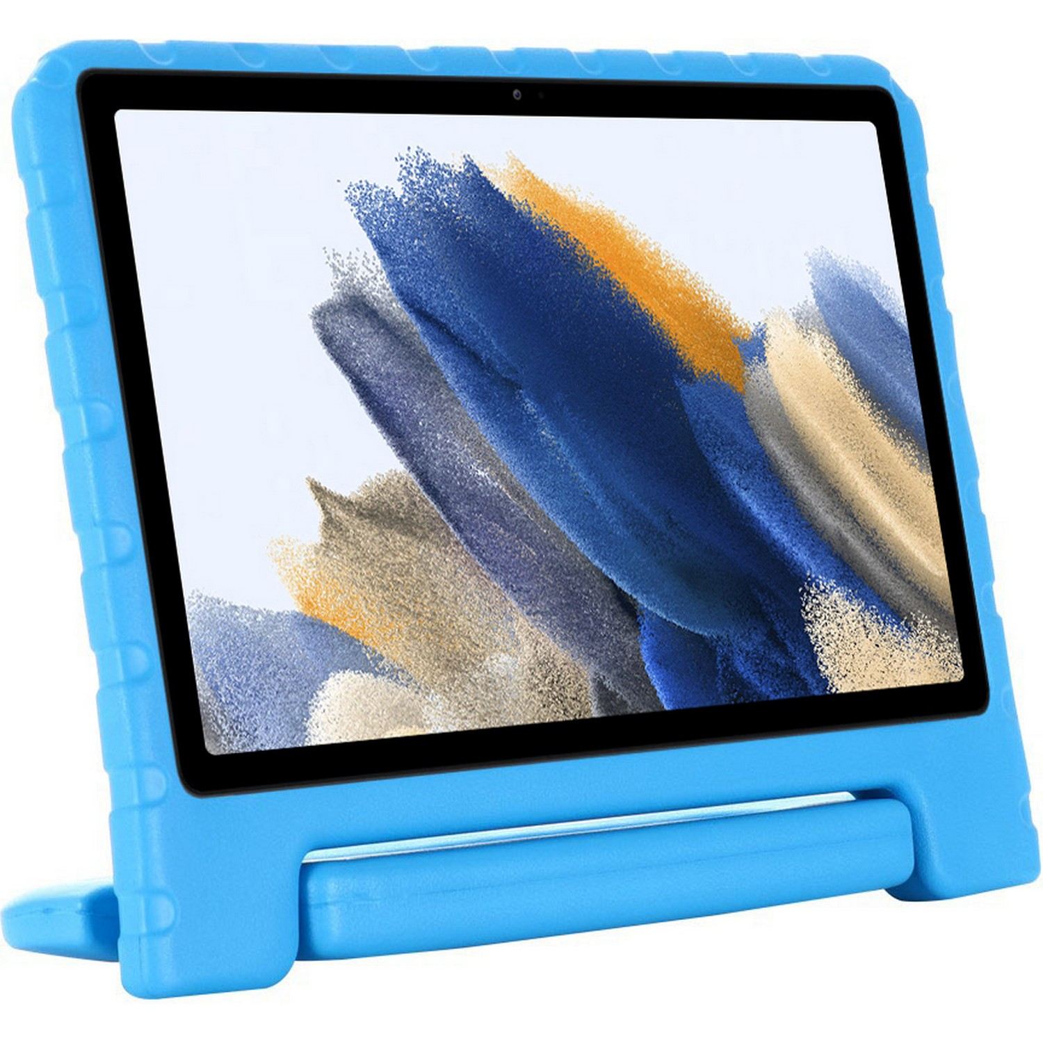 Une tablette bleue dans un étui de protection bleu, avec un écran tactile affichant une image colorée.