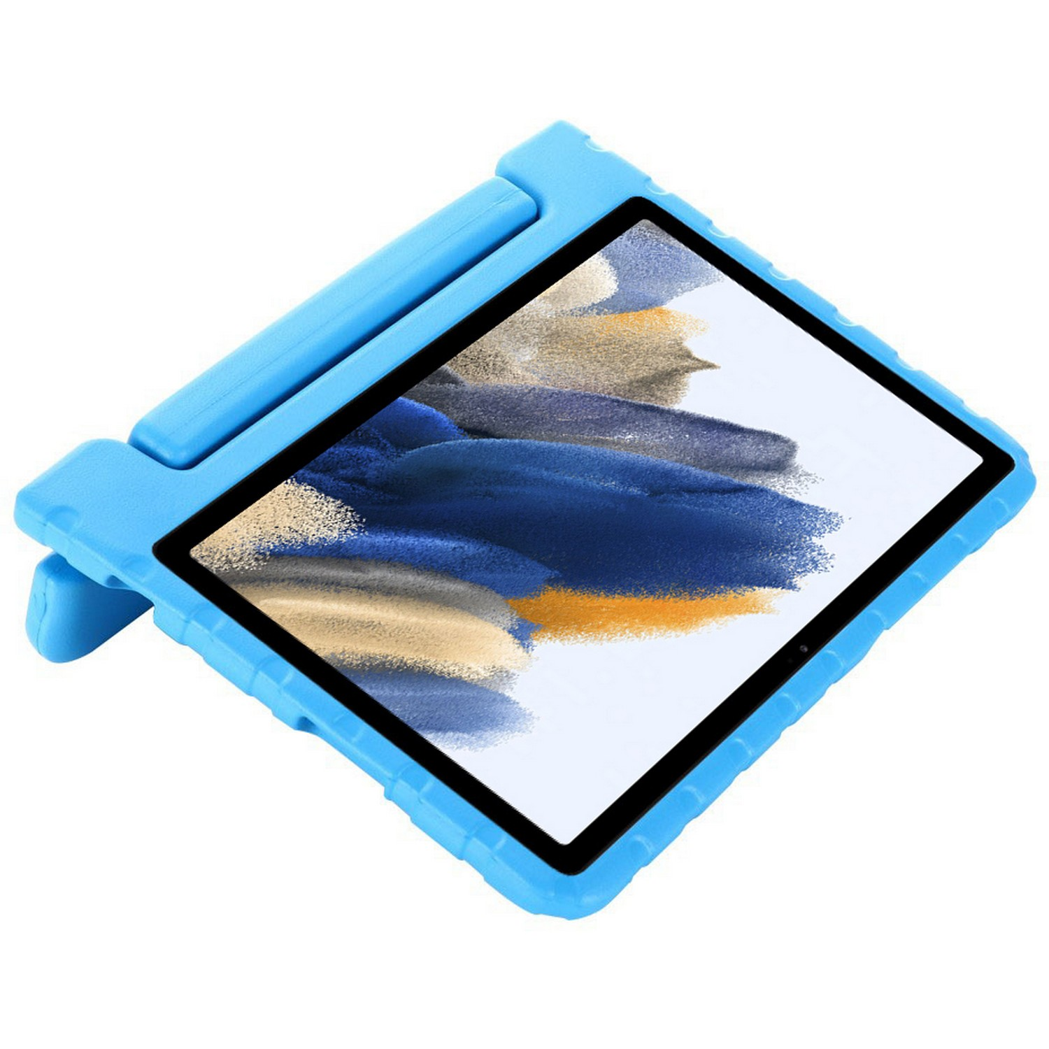 Tablette bleue dans un étui bleu pliable. La tablette affiche une image.