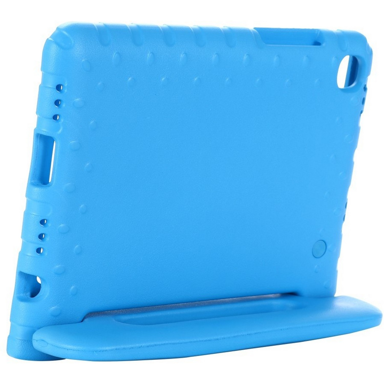 Une coque bleue pour iPad avec un support et des découpes pour les boutons et les ports.