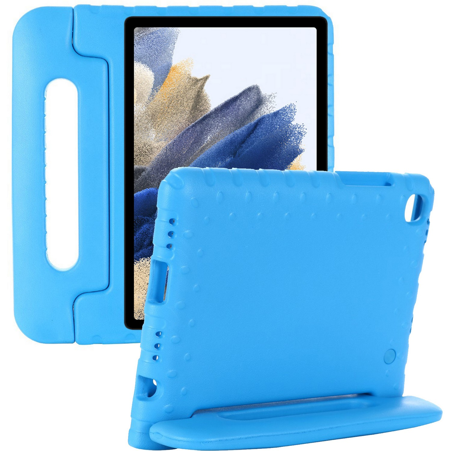 Tablette bleue dans un étui de protection bleu avec une poignée et un support, sur fond blanc.