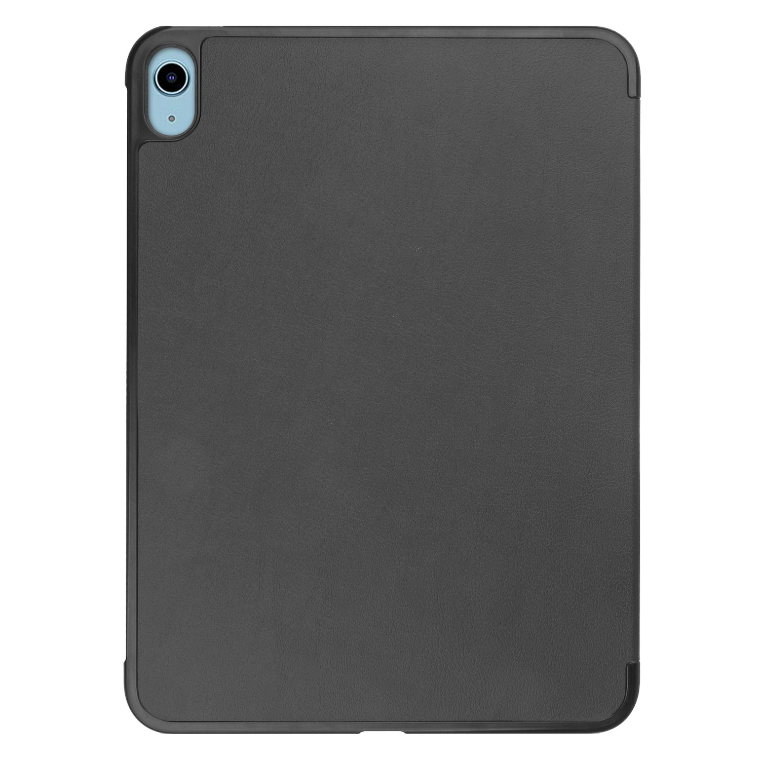 Tablette gris foncé dans un étui noir. L'objectif de la caméra est visible sur le côté.
