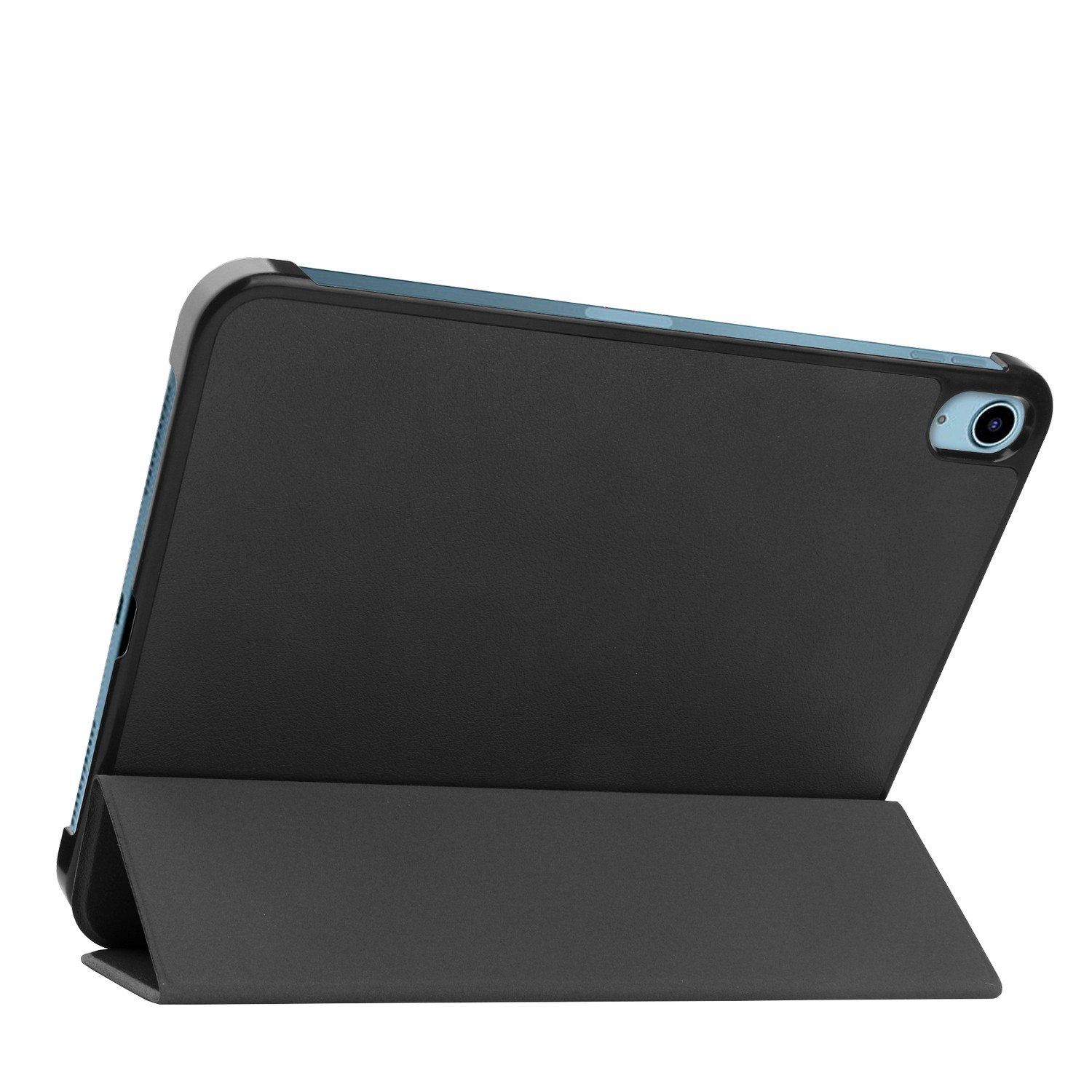 Un étui noir avec une tablette à l'intérieur, l'étui est ouvert et la tablette est visible.