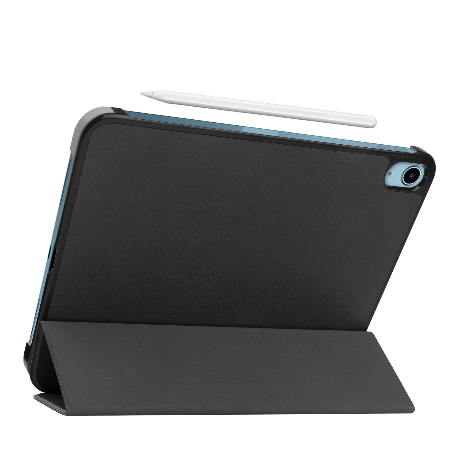 Une tablette dans un étui noir avec un stylet dessus.