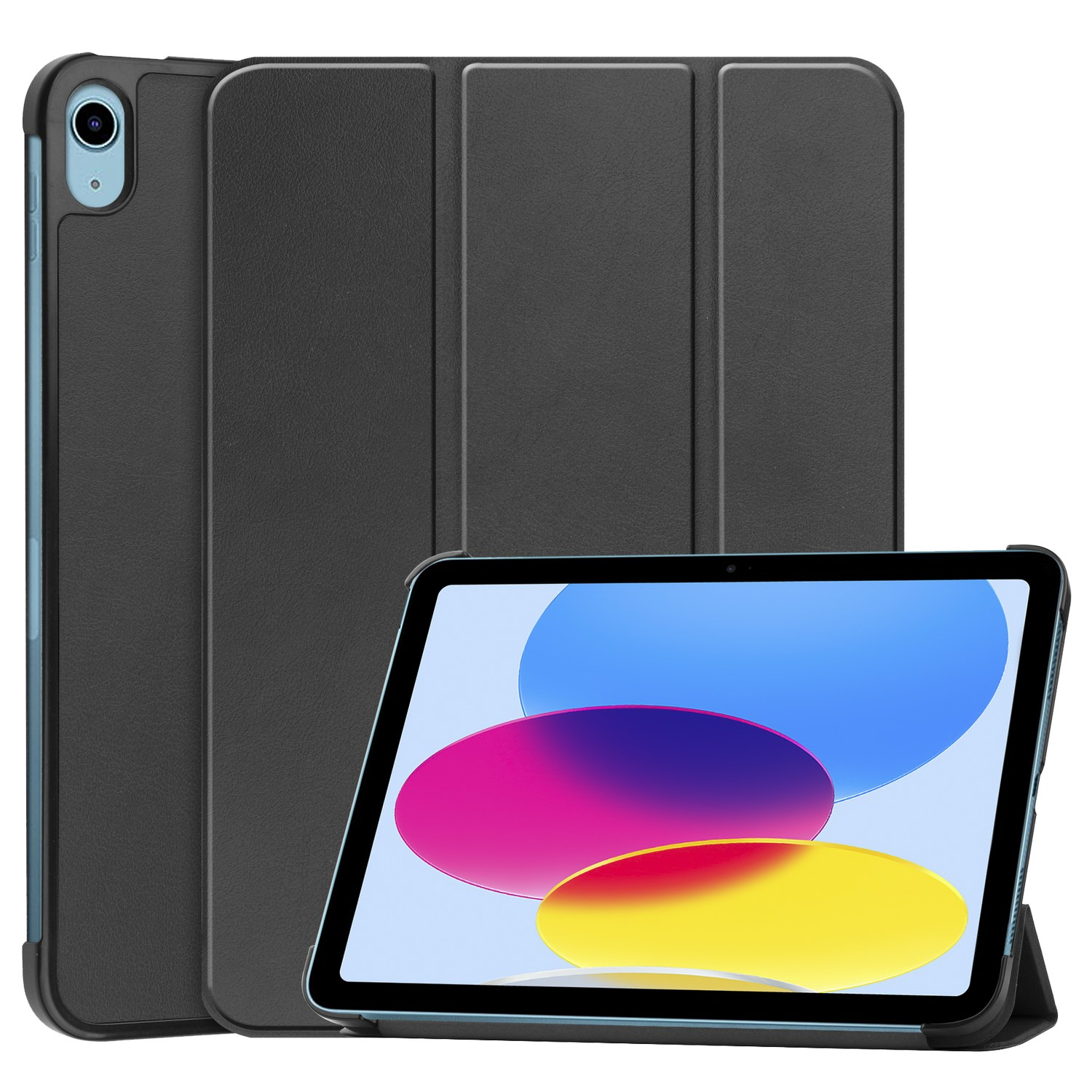 Un iPad dans un étui noir avec un support, l'écran affiche des icônes colorées.