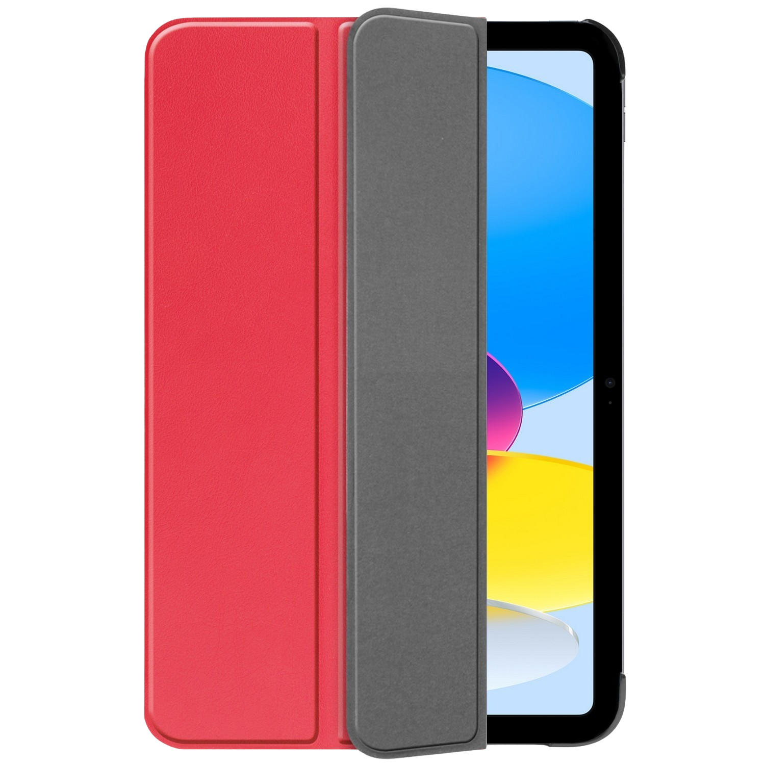 Tablette dans une housse rouge. L'écran de la tablette affiche une image abstraite colorée.