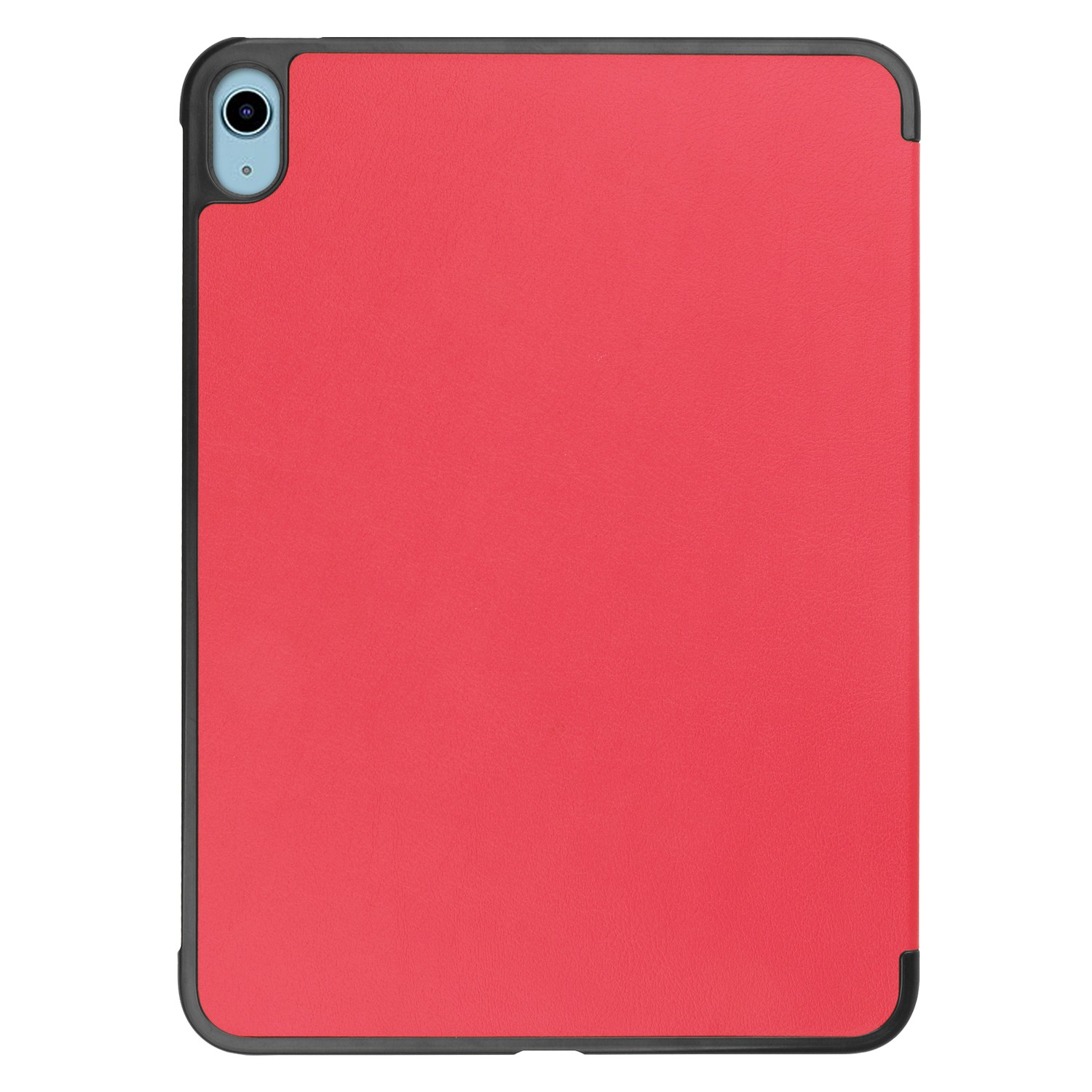 Étui iPad rouge avec bord noir et découpe pour l'appareil photo, vue de face, design élégant.